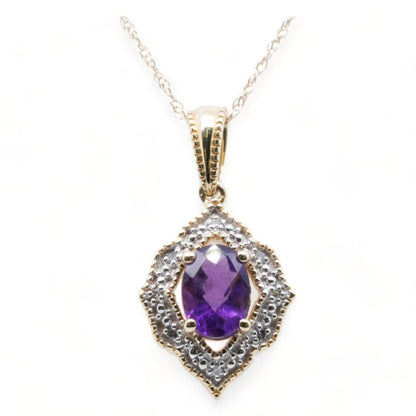 10K Gold Oval Amethyst With Diamond Halo Pendant Necklace