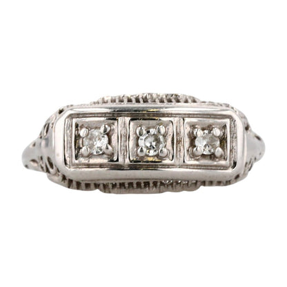 14K White Gold Diamond Art Deco 3 Stone Filgree Setting Band