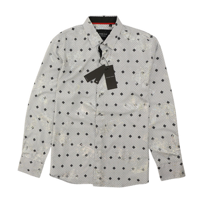 White Abstract Long Sleeve Button Down