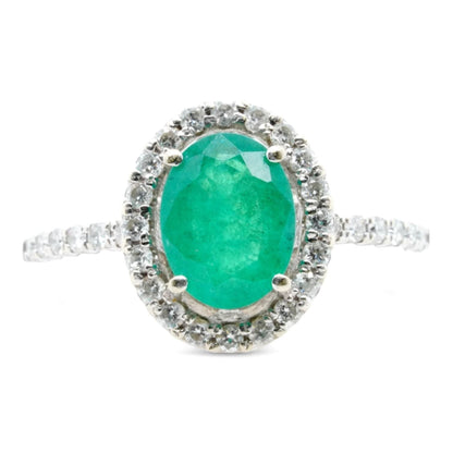 14K White Gold Oval Emerald With Diamond Halo Ring