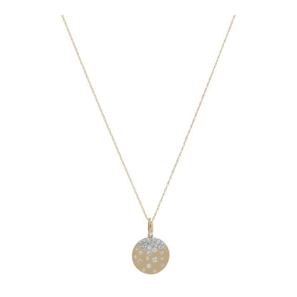 1/3 Ct 14K Gold Brushed Finish Disc With Diamond Accents Pendant Necklace