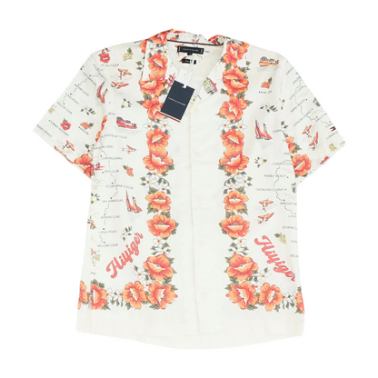 Beige Graphic Short Sleeve Button Down