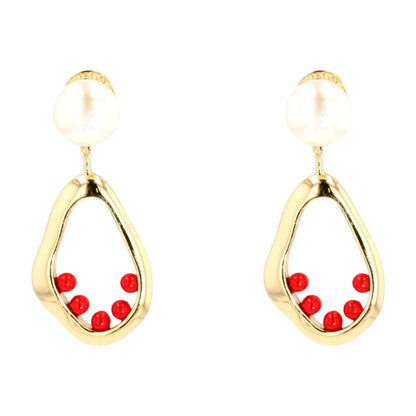 Gold Tone Faux Pearl Beaded Hoop Drop Earrings