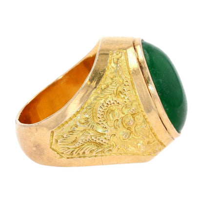 18K Gold Large Oval Green Stone Dragon Motif Signet Ring