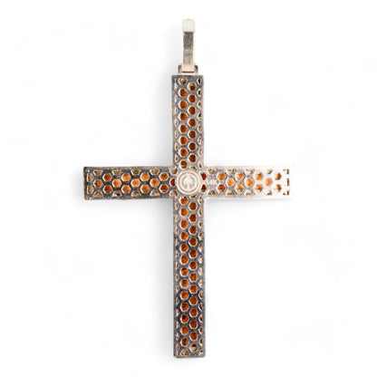 14K Two Tone Gold Oversized Round And Baguette Pave Diamond Cross Pendant