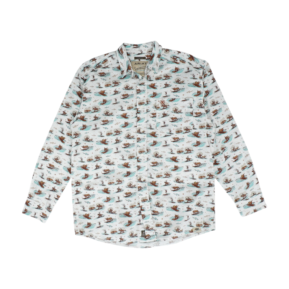 White Print Long Sleeve Button Down