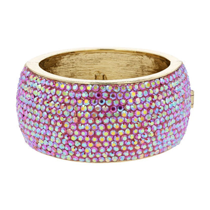 Gold Tone With Pink And Iridescent Rhinestones Bangle Bracelet