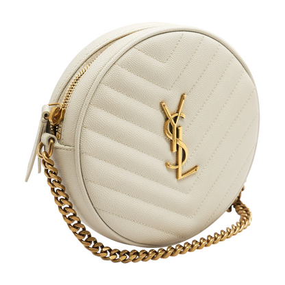 Blanc Round Vinyle Camera Bag in Chevron Grain De Poudre Leather