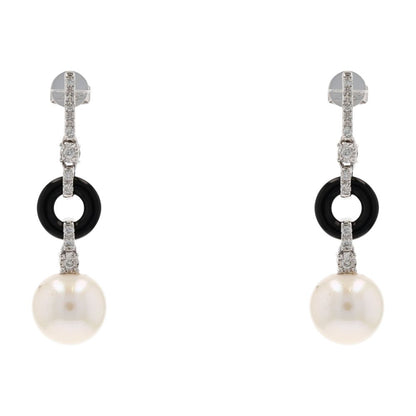 14K White Gold Cultured Pearl, Onyx Ring, And Diamond Accents Drop Earrings