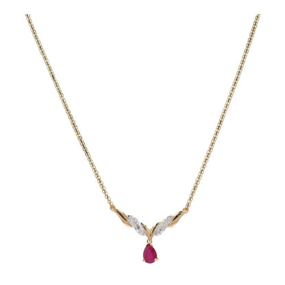 10K Gold Red Pear Stone Drop With Diamond Accents Pendant Necklace