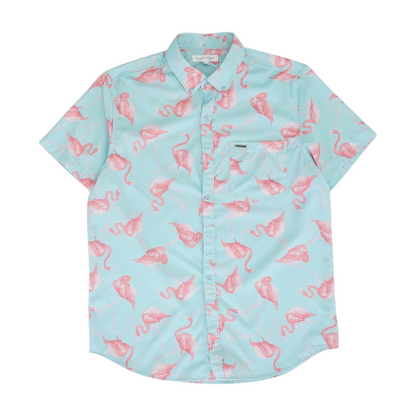 Blue Graphic Short Sleeve Button Down