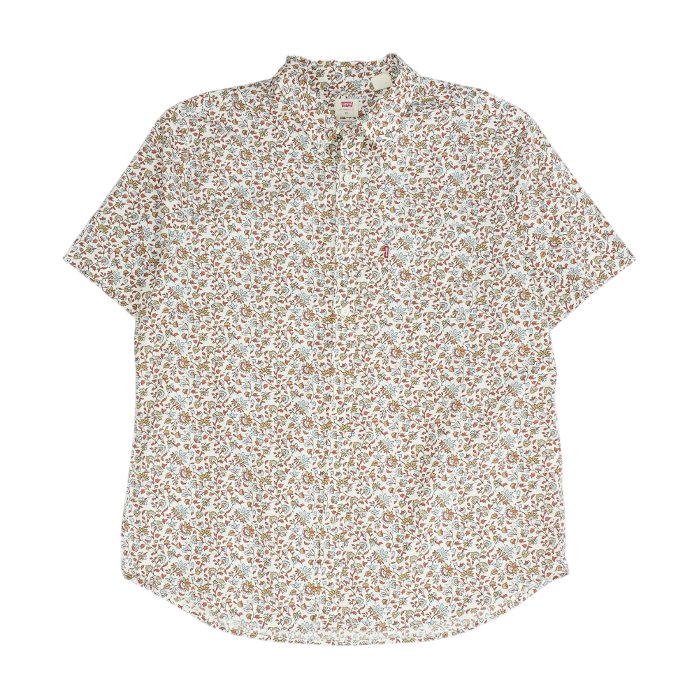Beige Floral Short Sleeve Button Down