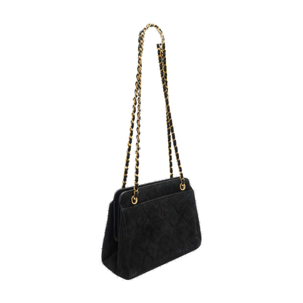Vintage Quilted Suede Frame Top Bag in Black