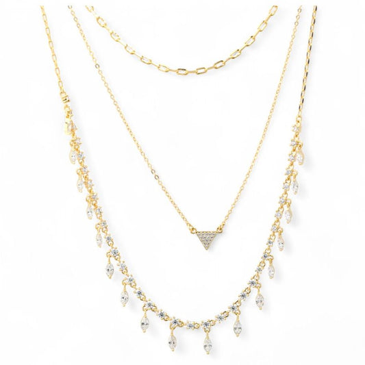 Gold Tone Layered Cubic Zirconia Chain Collar Necklace