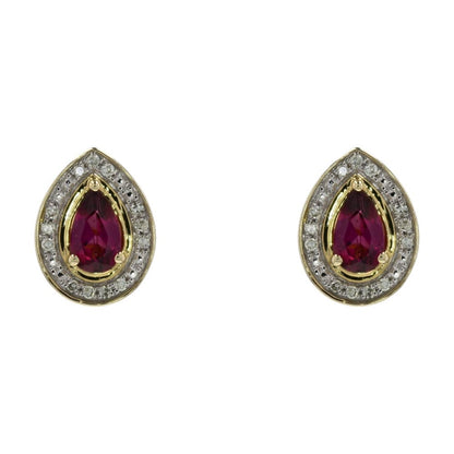 10K Gold Pear Cut Garnet Center With Diamond Halo Cluster Earrings