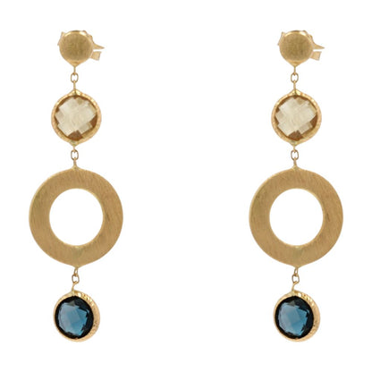 18K Gold Citrine, Blue Topaz Brushed Finish And Faceted Circle Dangle Earrings