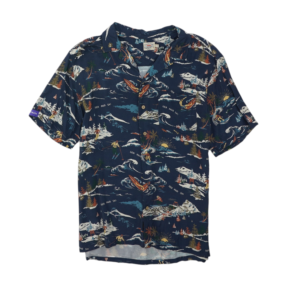 Navy Graphic Short Sleeve Button Down
