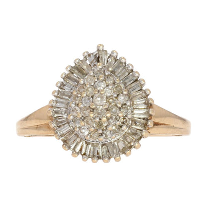 1/2 Ct 10K Gold Round And Baguette Diamond Pear Shaped Cluster Cocktail Ring