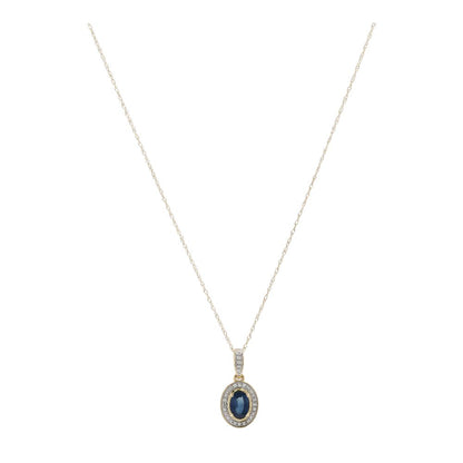 5/8 Ct 10K Gold Oval Sapphire Center With Dimond Halo Pendant Necklace