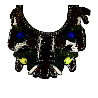 Crystal, Bead, Leather Embellished Bib Necklace