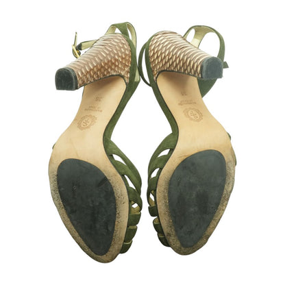 Green Suede and Snakeskin Leather Heeled Sandals