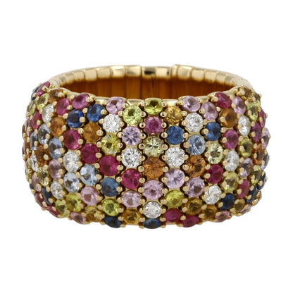 18K Rose Gold Multicolor Sapphires With Round Diamonds Wide Stretch Band