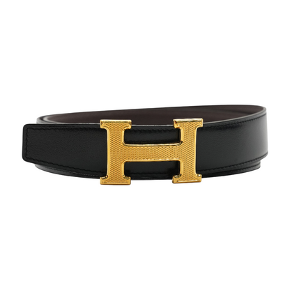 Noir & Etain H Guillochee Belt Buckle & Reversible Leather Strap 32mm in Box 135 & Togo Calfskin