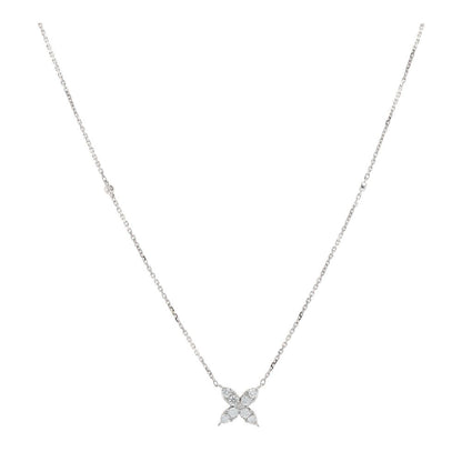 14K White Gold Stationed Round Diamond And Flower Cluster Pendant Necklace