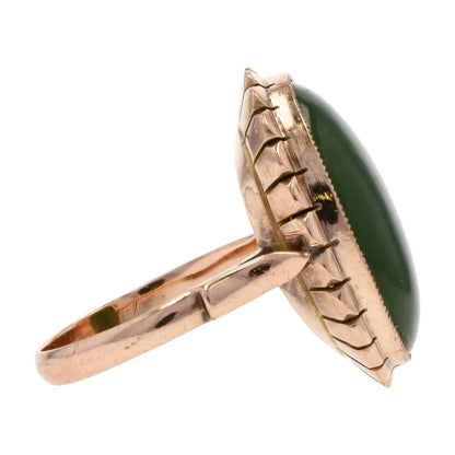 14K Gold Large Oval Green Stone Cabochon Cocktail Ring