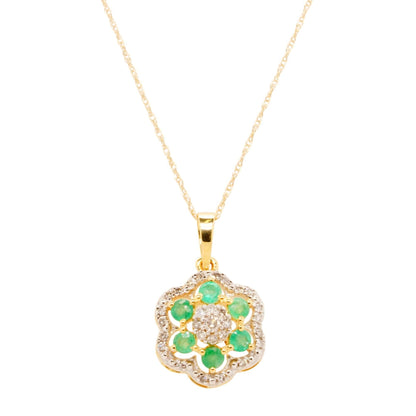 10K Gold Emerald And Diamond Flower Pendant Necklace