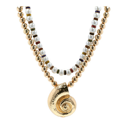Gold Tone Spiral Pendant Necklace And Faux Pearl Beads Necklace Set