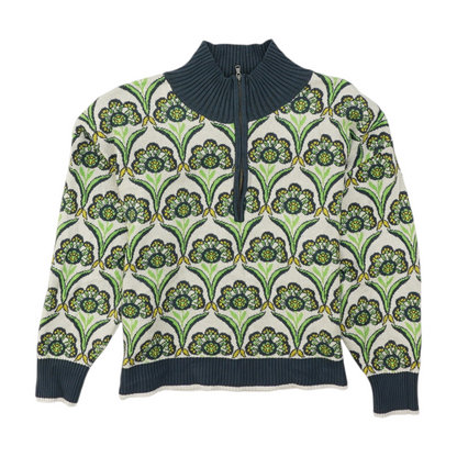 Green Floral 1/4 Zip Sweater