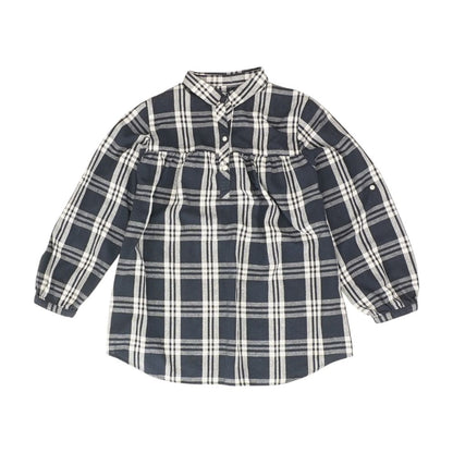 Navy Plaid Long Sleeve Blouse