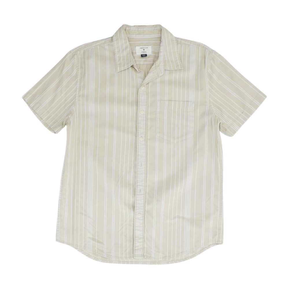 Beige Striped Short Sleeve Button Down