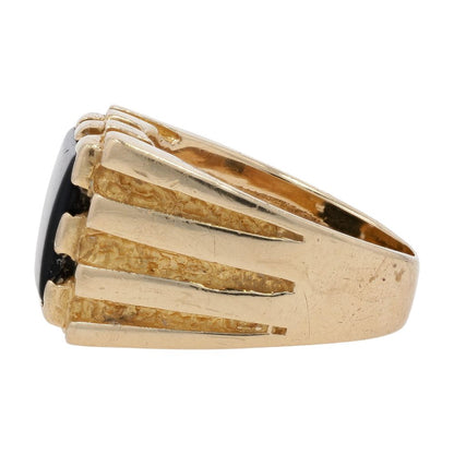 14K Gold Rectangle Black Stone Grooved Signet Ring