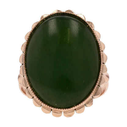 14K Gold Large Oval Green Stone Cabochon Cocktail Ring