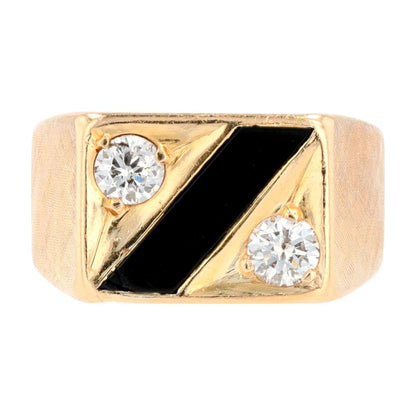 14K Gold Two Round Diamonds With Onyx Inlay Signet Ring