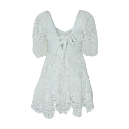 White Petite Vacay Cutout Cotton-Linen Blend Lace Mini Dress