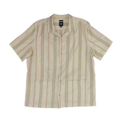 Beige Striped Short Sleeve Button Down