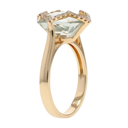 14K Gold Cushion Cut Prasiolite With Diamond Halo Cocktail Ring