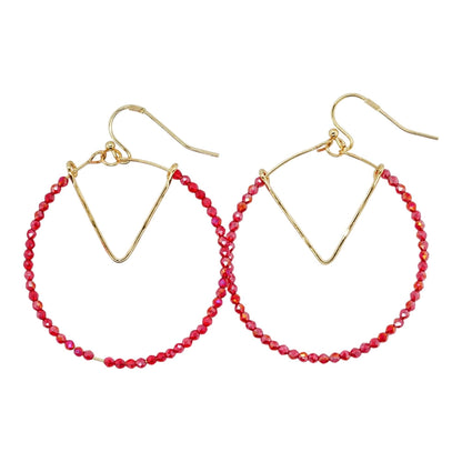 Gold Tone Red Beaded Hoop Earrings