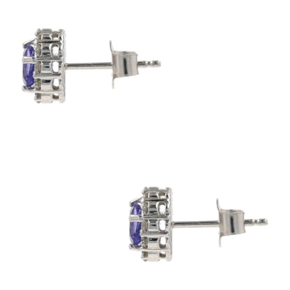 14K White Gold Round Tanzanite Center With Diamond Halo Stud Earrings