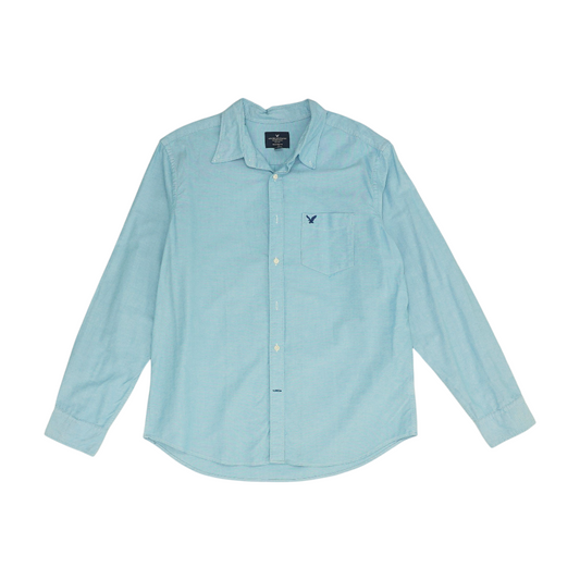 Blue Solid Long Sleeve Button Down