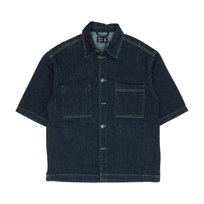 Blue Solid Short Sleeve Button Down