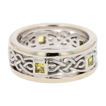 14K White Gold Open Work Celtic With Square Yellow Stones Band