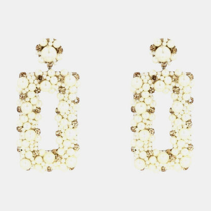 Gold Tone Imitation Pearl Beaded Open Rectangle Drop Earrings