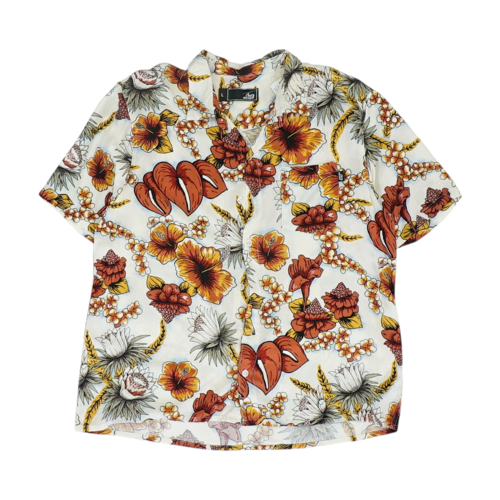 White Tropical Short Sleeve Button Down
