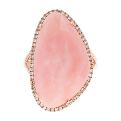 8.33 Ct 14K Rose Gold Faceted Top Pink Opal With Diamond Halo Cocktail Ring