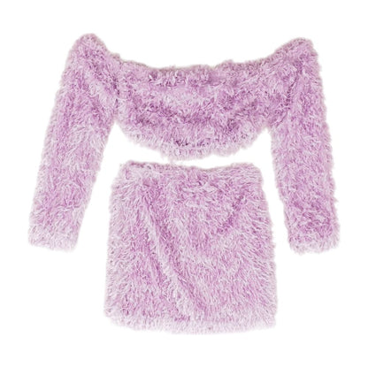 Purple Solid Long Sleeve Blouse & Skirt Set