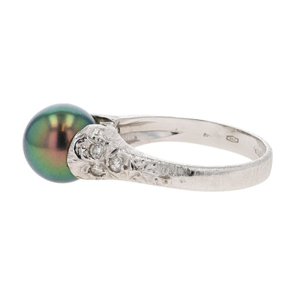 18K White Gold Tahitian Pearl Florentine With Diamond Accents Cocktail Ring